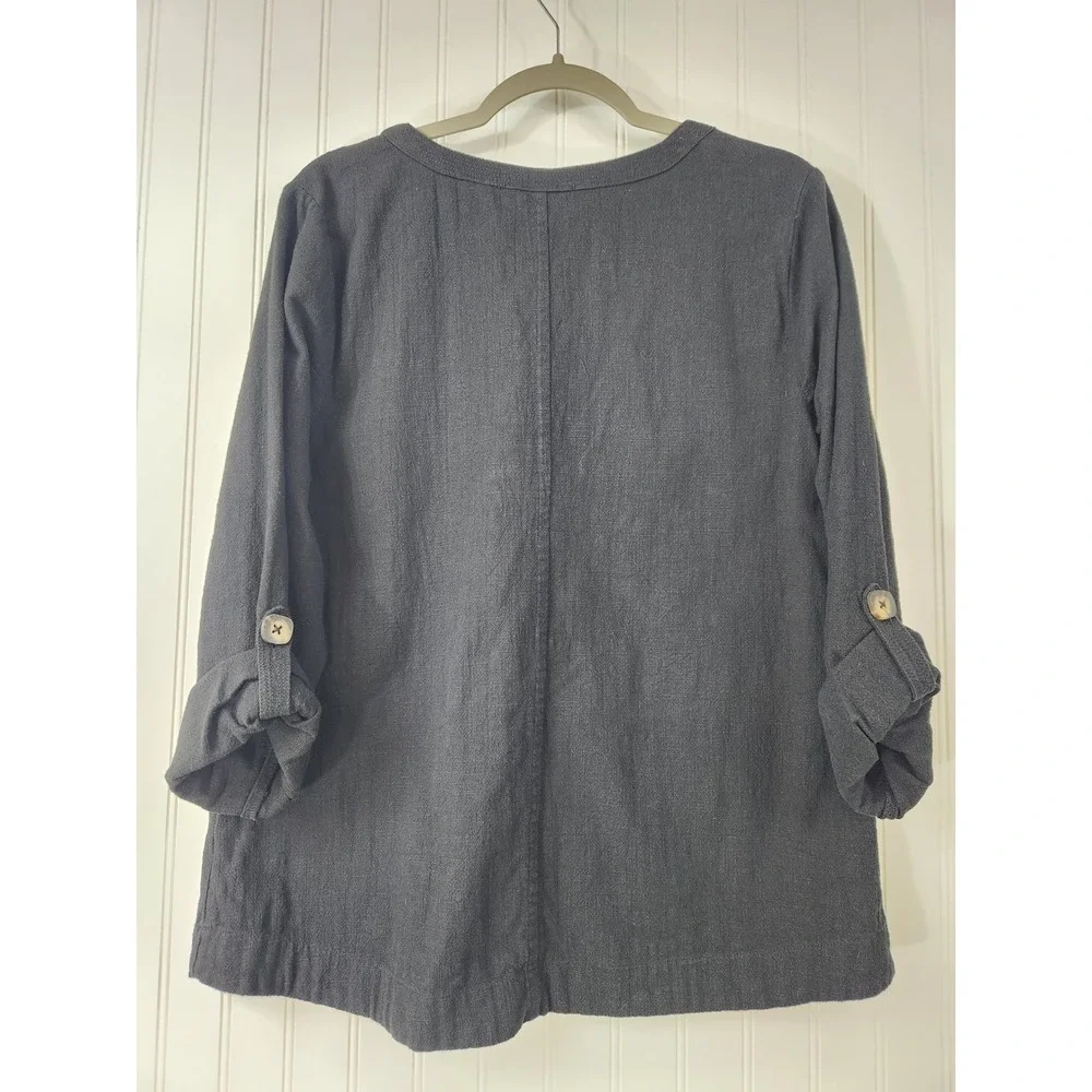 Soft Surroundings Charcoal Black Cotton V-Neck Roll Tab Tunic Top Petite‎ Medium